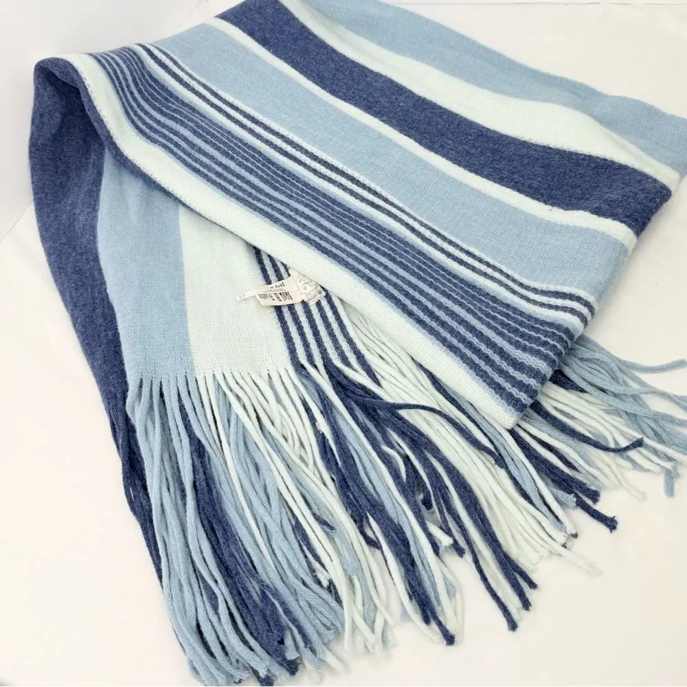 Free People Color Block Blue Stripe Oversized Fringed Edge Scarf Shawl Wrap